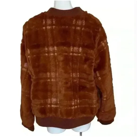 Anthropologie Faux Fur Teddy Bomber Jacket 2X NWOT Rust Plaid Coat Western